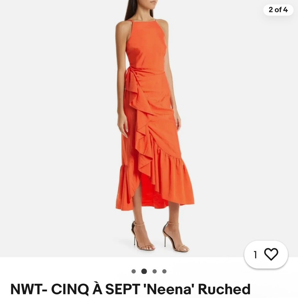 Cinq à Sept Neena Ruched High Low Dress in Vibrant Orange